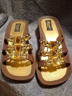 Brown Slide Sandals with Gold Jeweled Accents